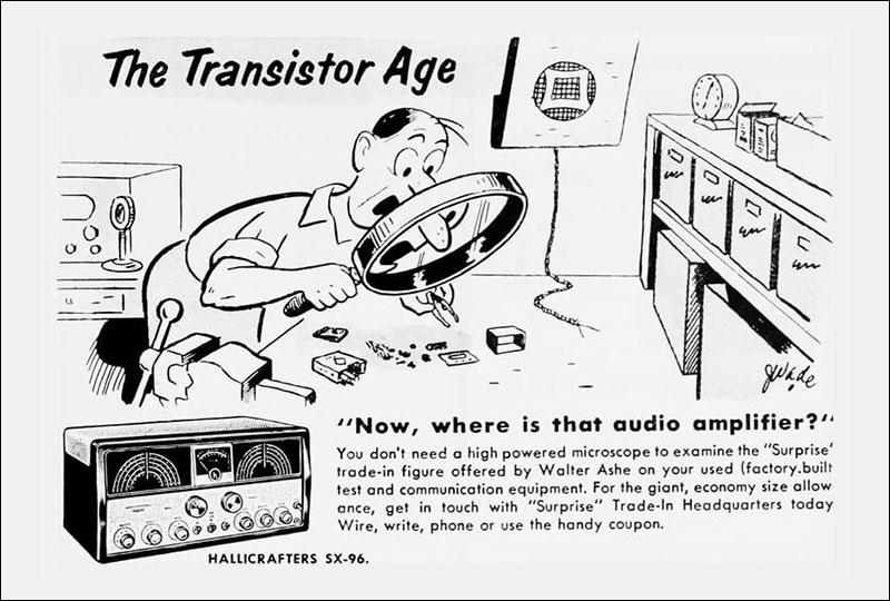 Cartoon advertisement for Walter Ashe Company with man using large magnifier to find a transistor on his workbench