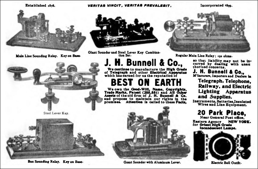 1901 advertisement for JH Bunnell showing various telegraph apparatus