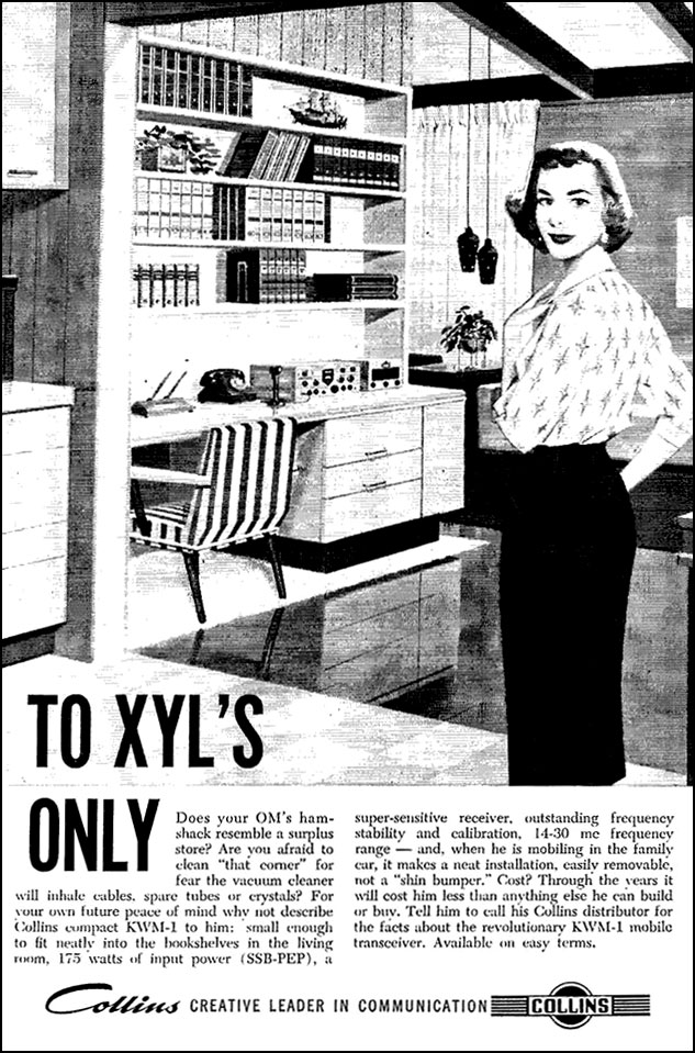 Advert for Collins KWM-1 transceiver in the late 1950s. Sketch shows woman in mid-century designer home with her husband's KWM-1 on a tidy desk in a corner of their living room.