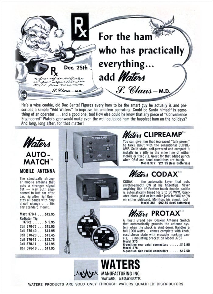 Advertisement for Waters amateur radio accessories, December 1965