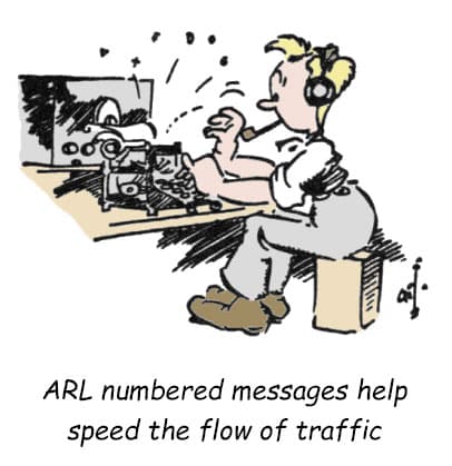 Cartoon shows radio ham wearing headphones and bashing a typewriter