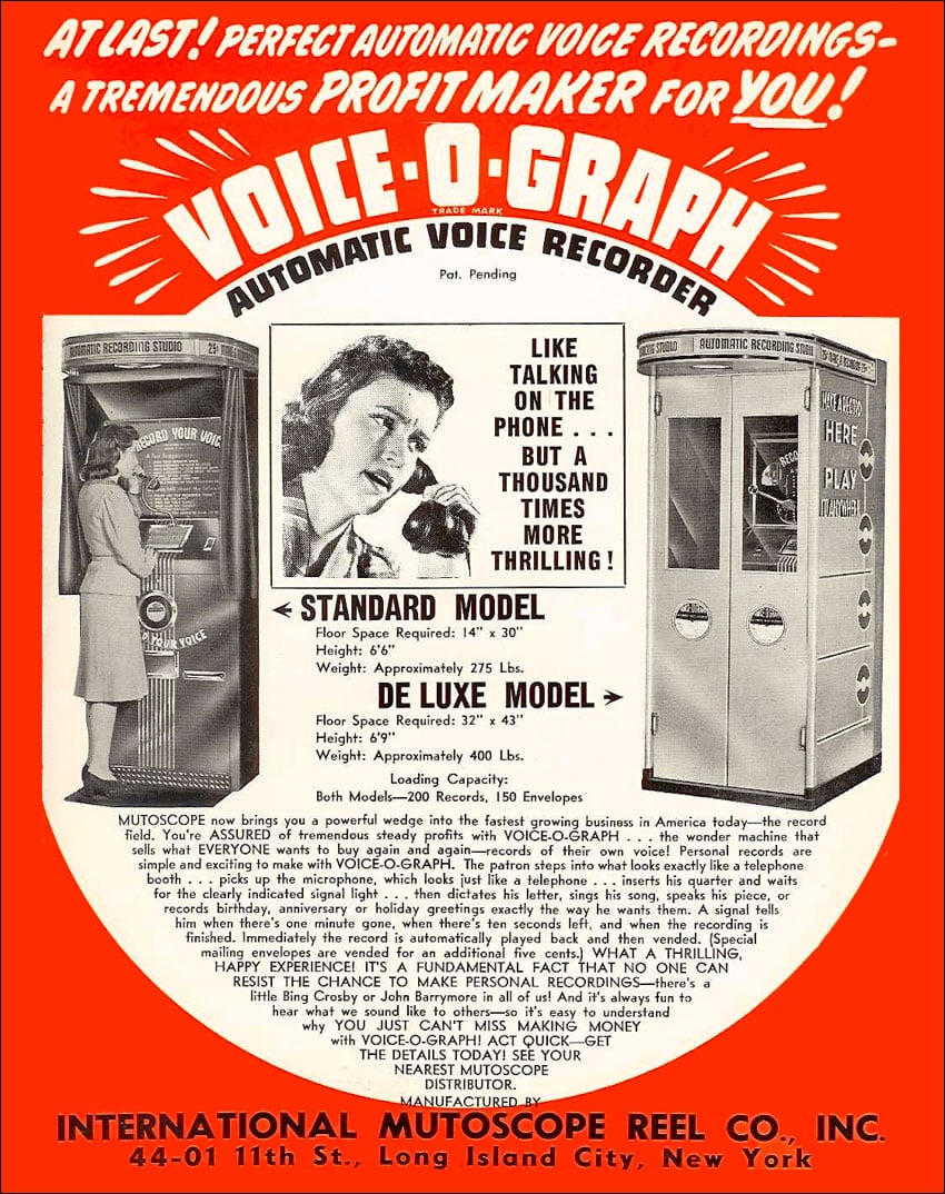 Advertisement for the Voice-O-Graph voice recording booth, probably from the 1940s.
