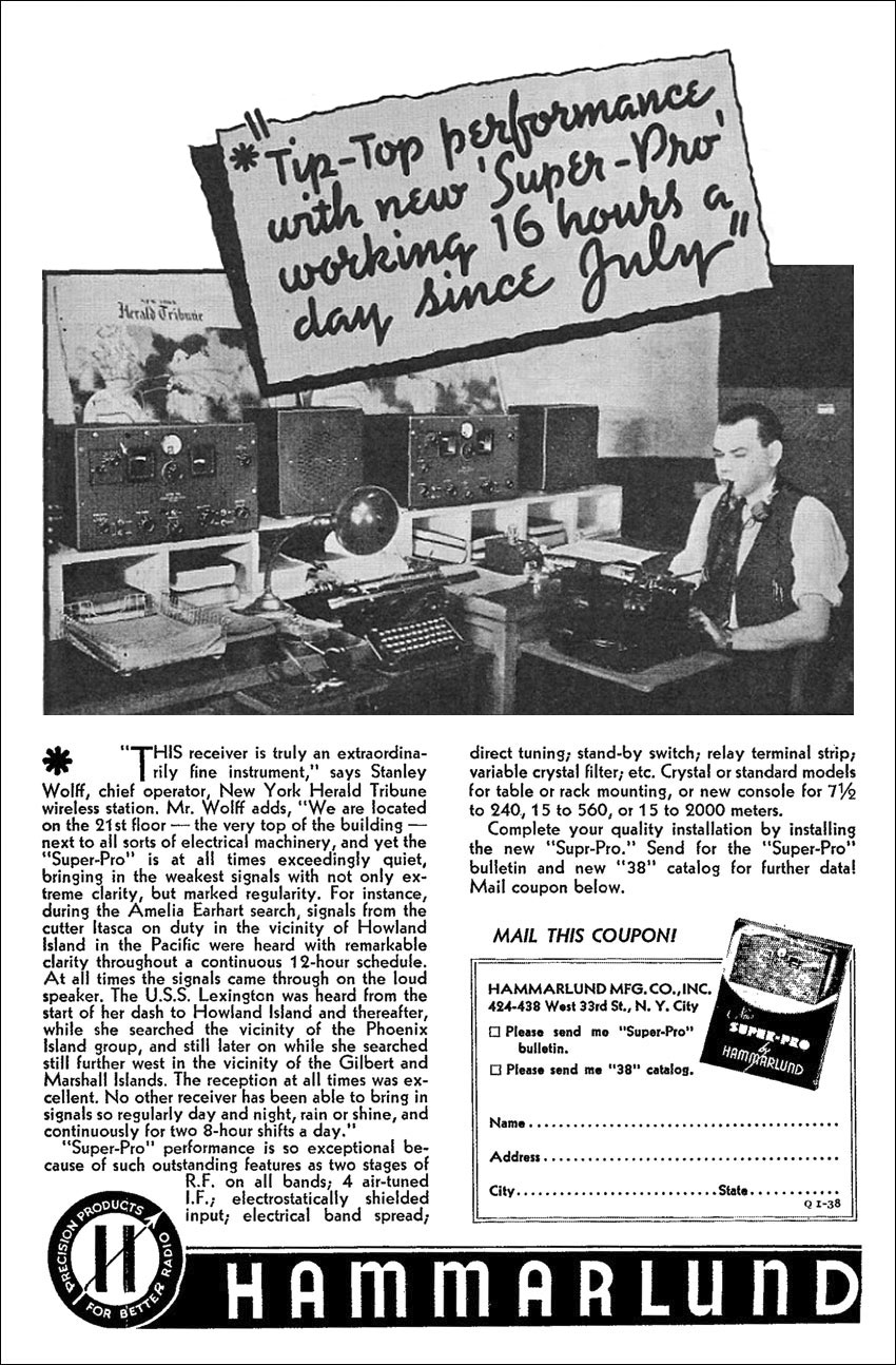 Advertisement for Hammarlund Super-Pro receivers, with testimonial from chief operator of the wireless station at the New York Herald Tribune newspaper