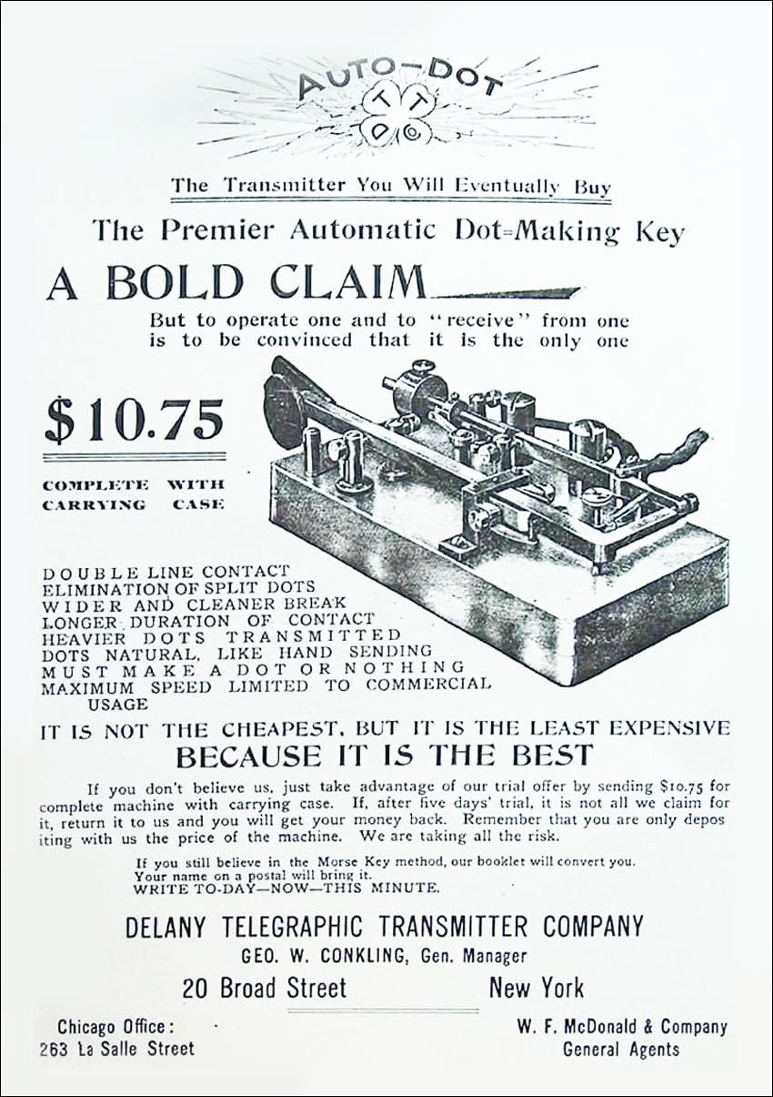 Advertisement for the Delany Auto-Dot semi-automatic telegraph key