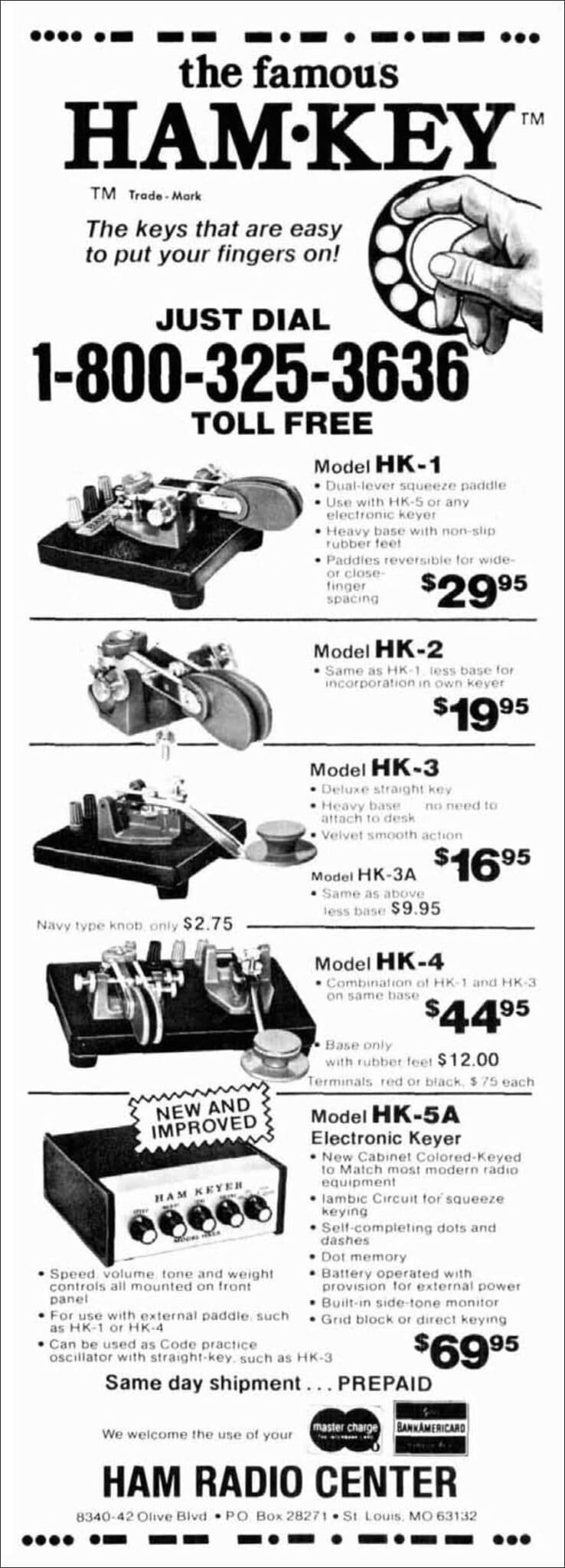 Advertisement for range of Ham-Key models at Ham Radio Centre store in St Louis, Missouri, March 1978