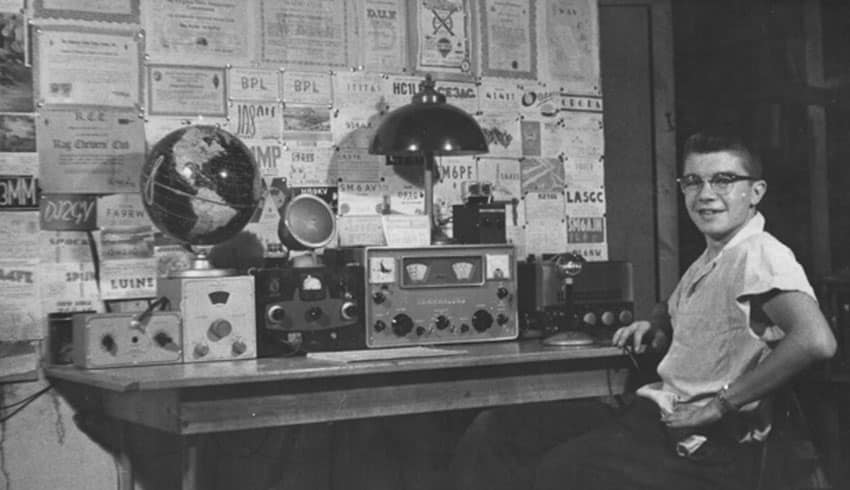 14-year-old radio ham with his gear in 1955