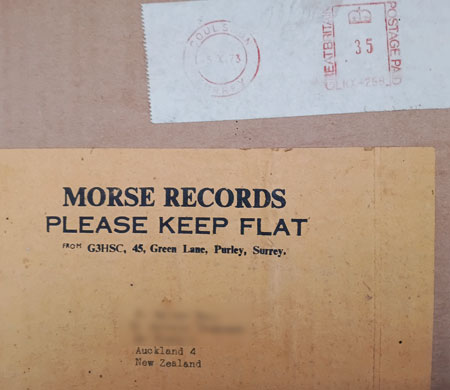 Address label for Morse Records sent from England to a radio amateur in Auckland