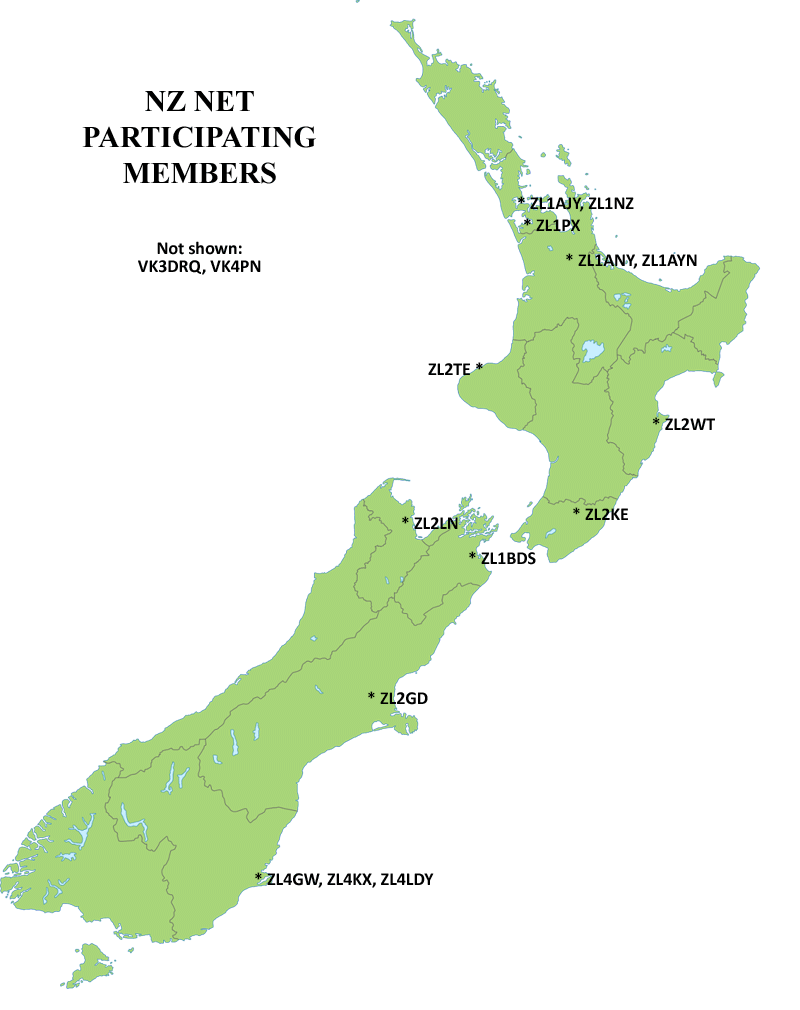 Map showing locations and callsigns of NZ Net members at 24 April 2026