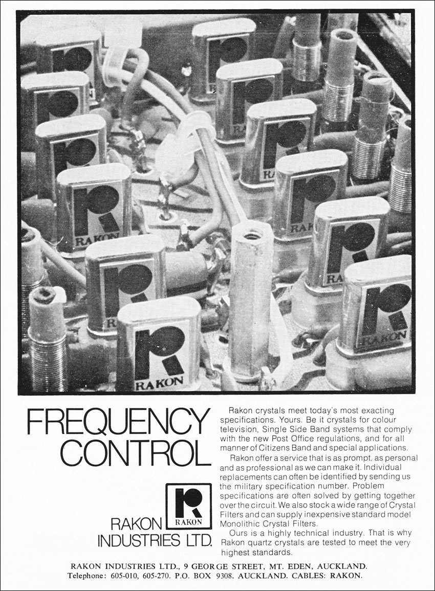 full-page advertisement for Auckland crystal manufacturer Rakon Industries in 1976