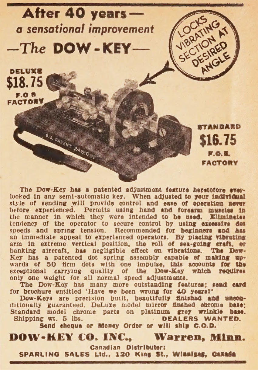 1951 advert for the Dow-Key Universal bug (second edition with the damper attached to the base rather than to the rotatable frame)