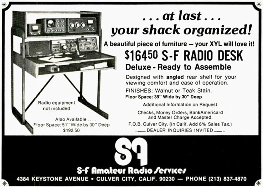 Advertisement for the SF Radio Desk, a kitset desk with two shelves for ham radio gear.