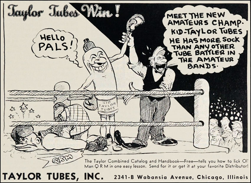 Cartoon advertisement for Taylor Tubes shows a boxing ring with referee raising the arm of Kid Taylor Tubes who has just knocked out his opponent QRM