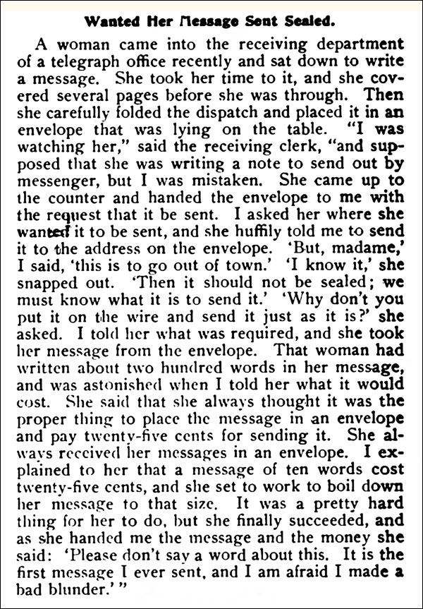 Funny story from 1901 about a woman who wanted her telegram sent in a sealed envelope