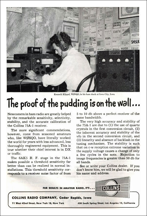 Collins ad from 1950s reads 'the proof of the pudding is on the wall' and shows ham shack with lots of QSL cards and certificates