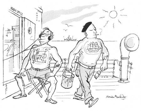 Cartoon shows seaman on deck of ship. He has a big tattoo of a clipper ship across his chest. Next to him, the radio officer is relaxing outside his radio cabin. His tattoo is a schematic diagram.