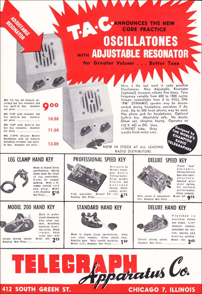 Full page advert for various products from the Telegraph Apparatus Company in 1946