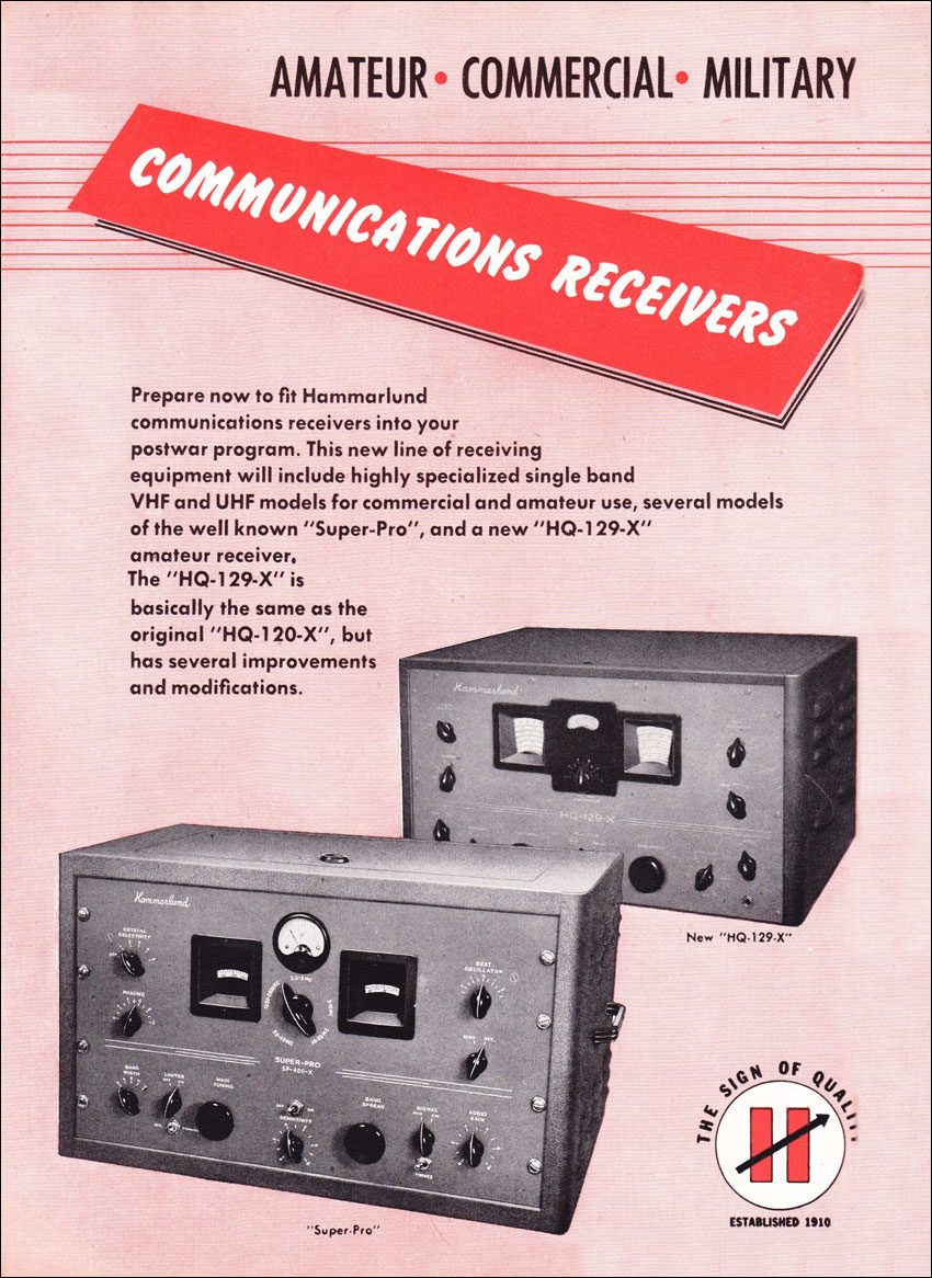 Advert for Hammarlund HQ129X and Super-Pro receivers in 1946